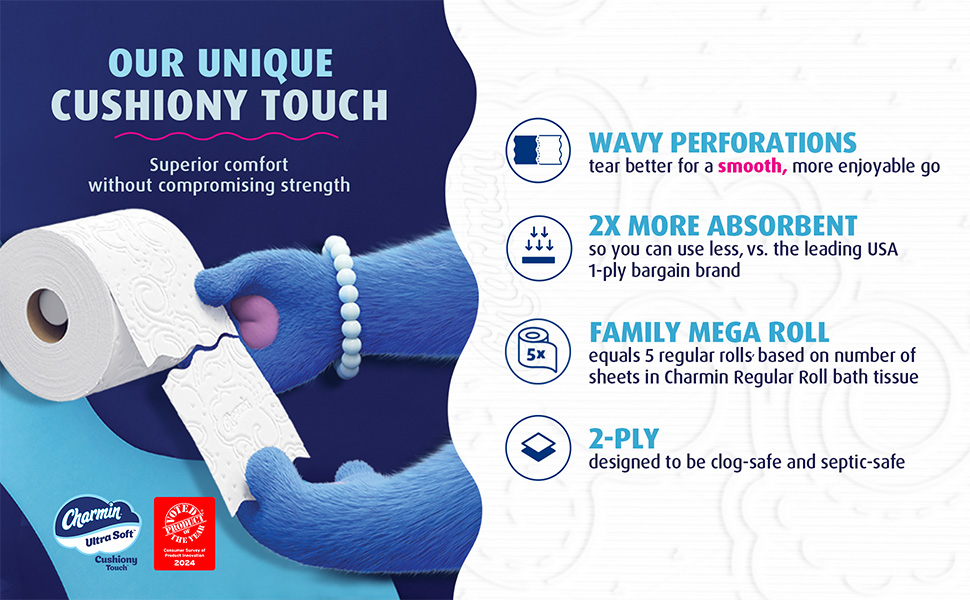 Charmin Ultra Soft has wavy perforations, is 2x more absorbent, is a family mega XL roll and 2-ply